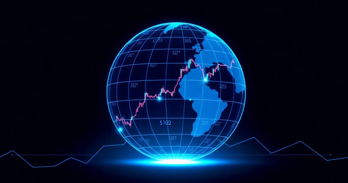 Abstract blue globe with currency pair grid illustrating forex trading education