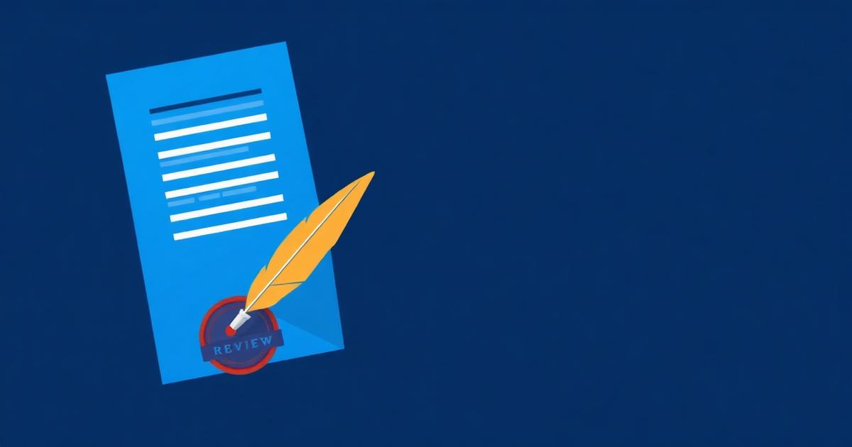 Editorial policy illustration showing a reviewed document and quill in blue tones