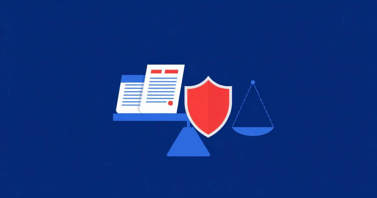 Legal terms illustration with balanced scale and document sheets in blue tones